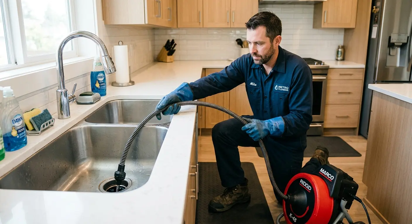 Drain cleaning technician using a motorized snake on a kitchen sink in Frisco