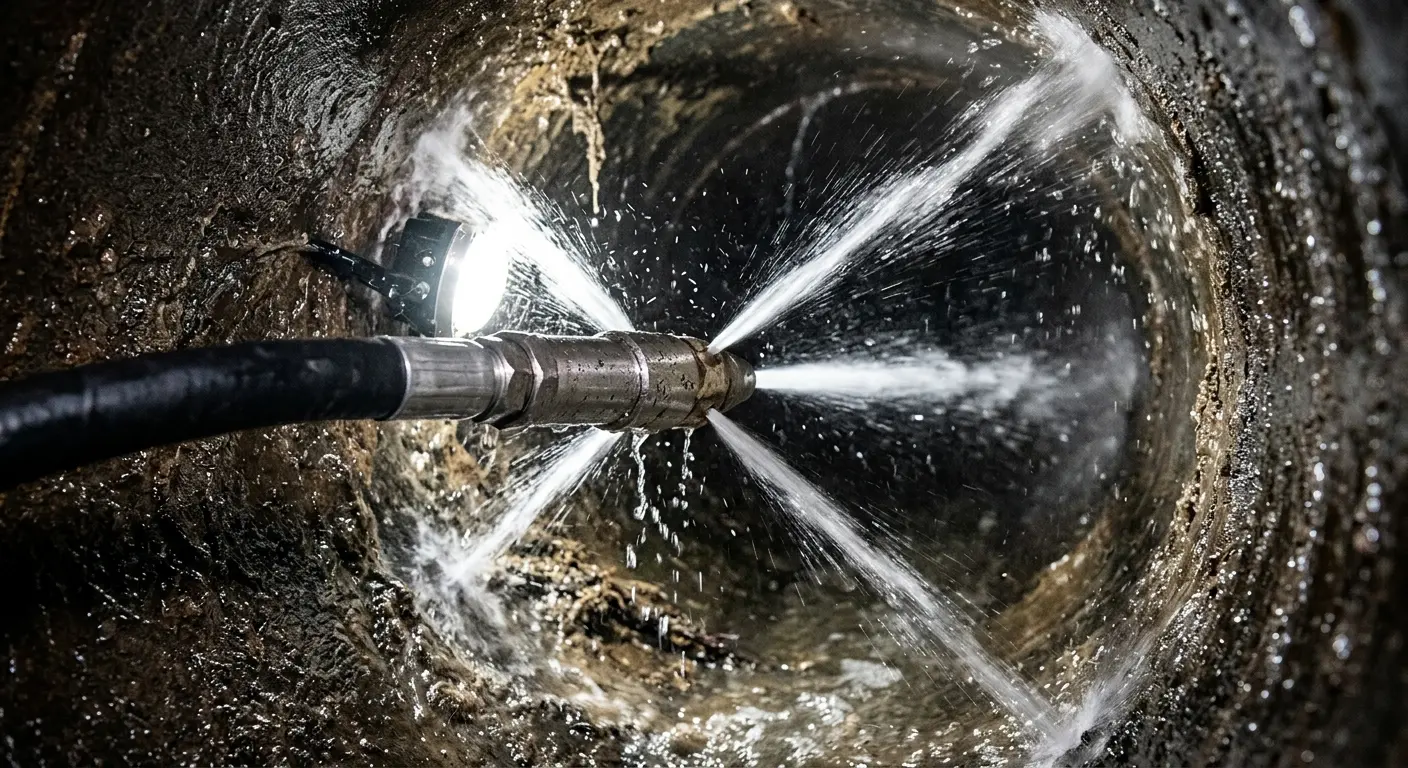 High-pressure hydro jetting nozzle cleaning sewer pipe for Emergency Drain Service in Frisco