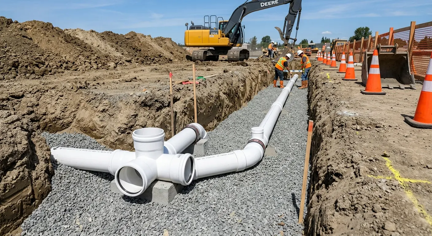 New PVC sewer pipe installation in open trench for Commercial Drain Cleaning in Frisco