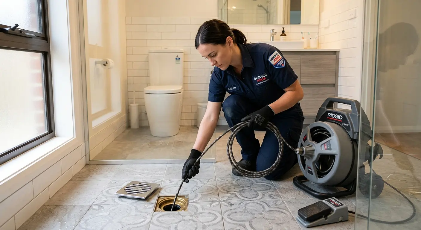 Technician clearing a bathroom floor drain for Clogged Drain Repair in Frisco